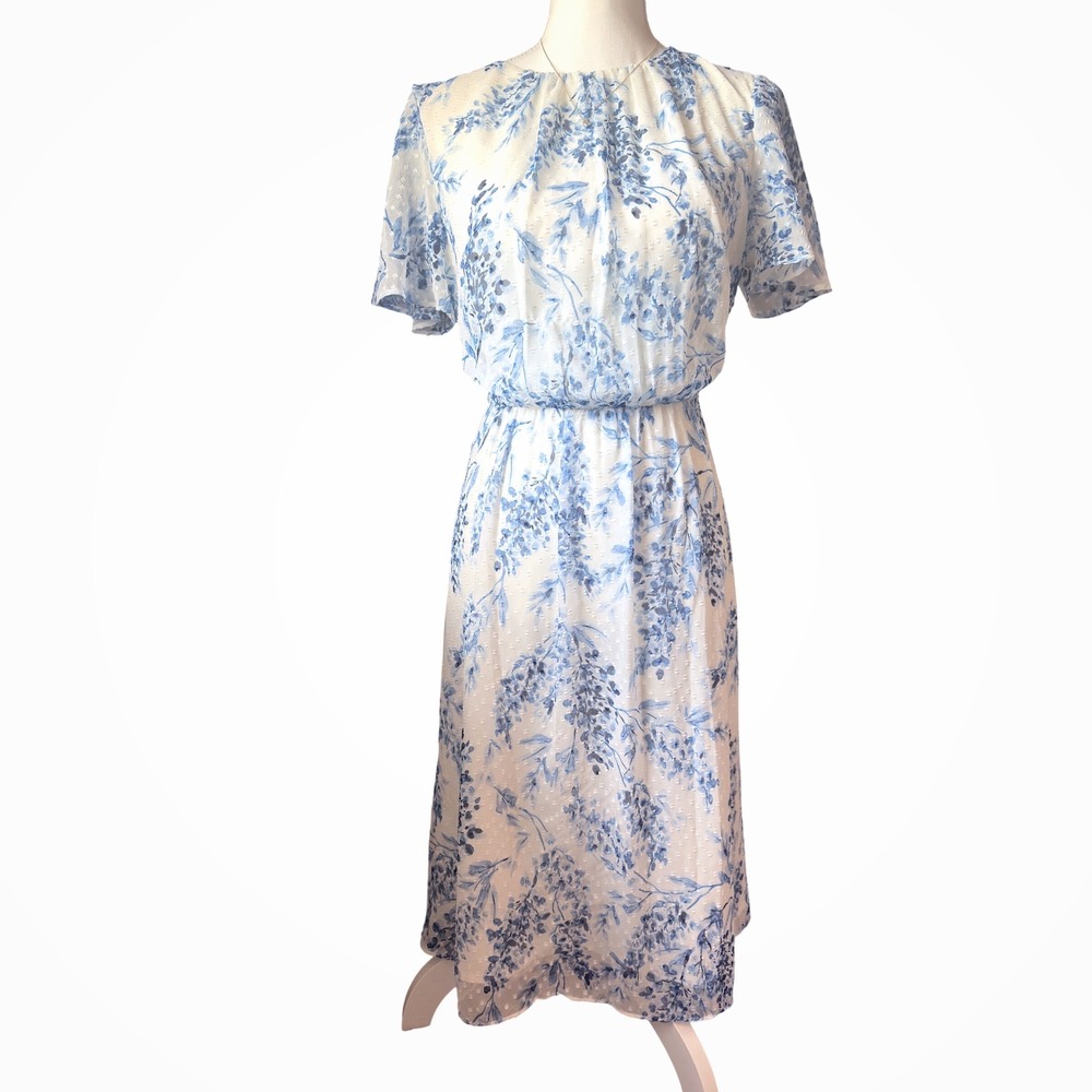 Lauren Ralph Lauren Blue Floral Clip Dot Chiffon Midi Dress Sz 10 Flutter Sleeve